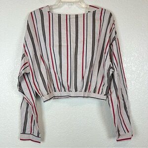 JOA Los Angeles Womens Crop Top Tan Stripped Long Sleeve Open Back Ties Large